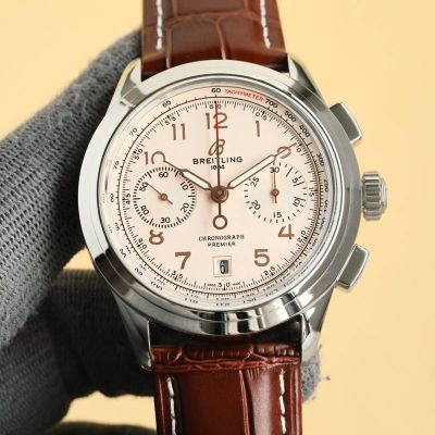 BREITLING 1884 Premier 7750 Movement White Dial 42mm Dark Brown Leather Watch Strap Replica Watch
